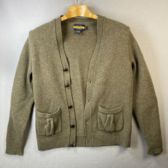 VTG Rugby Ralph Lauren Cardigan Womens‎ M 100% Wool Sweater Suede Elbow Patches - Picture 15 of 16